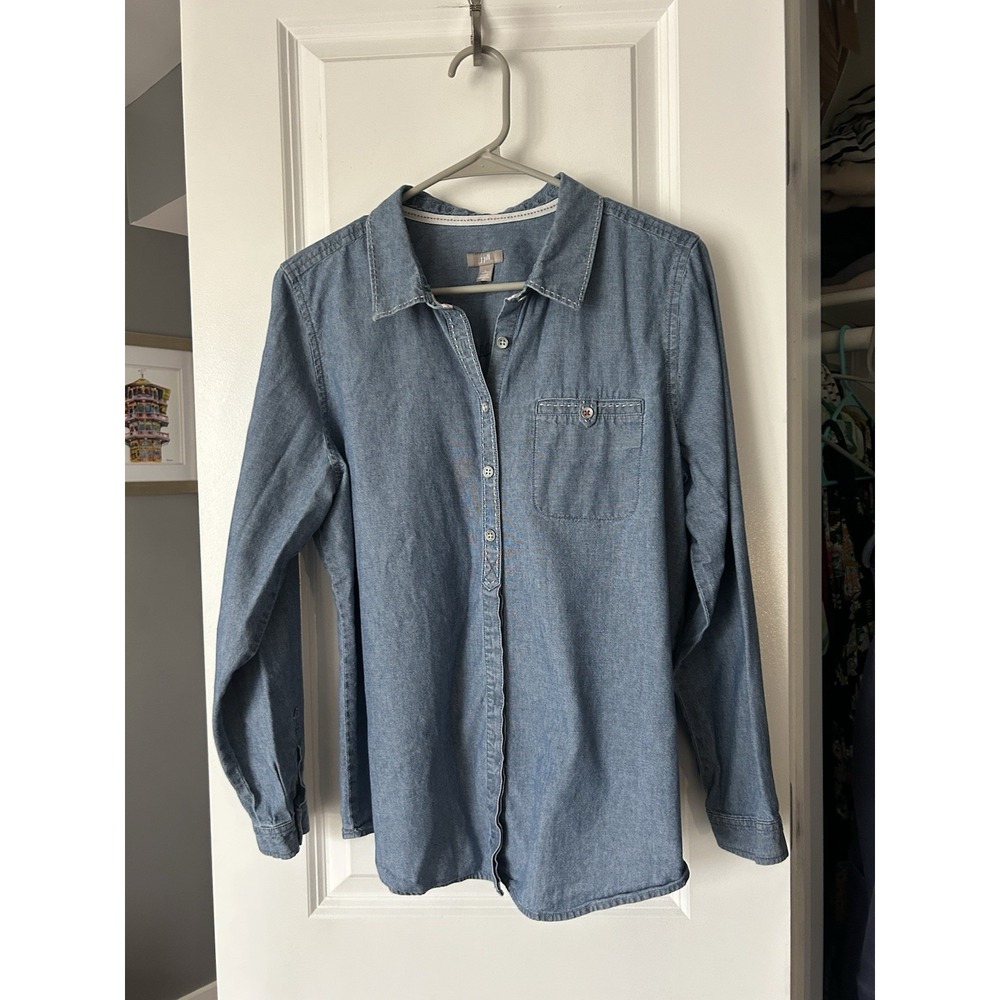 J.Jill Denim Shirt Blue Long Sleeve Cotton Button Pocket Chambray Size L Petite